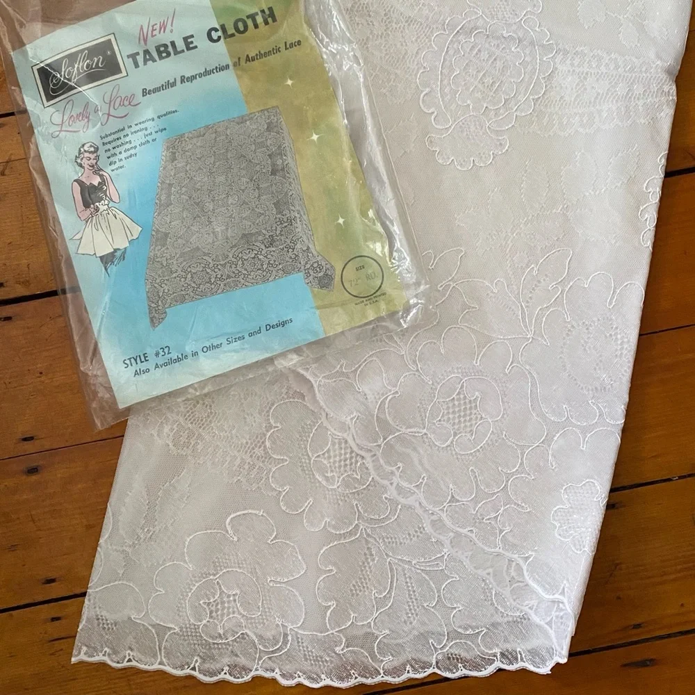 NIP Vintage 72” Round Tablecloth Soflon Reproduction of Authentic Lace